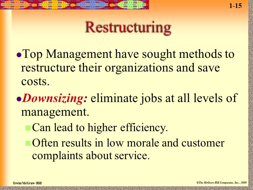 Restructuring Top Management have sought methods to restructure their organizations and save costs. Downsizing: